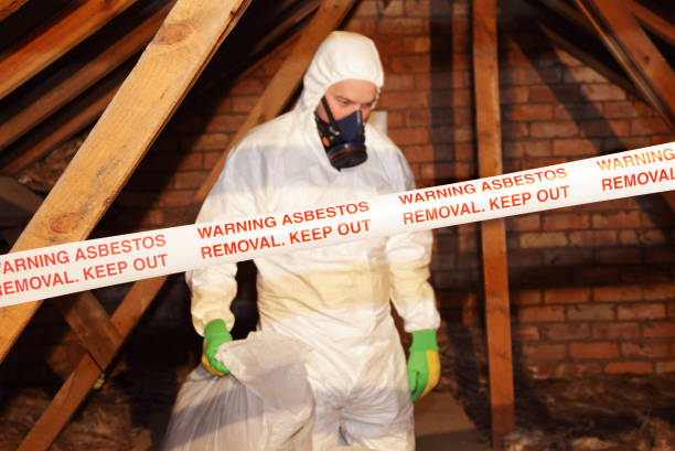 Worker clearing asbestos from a house.